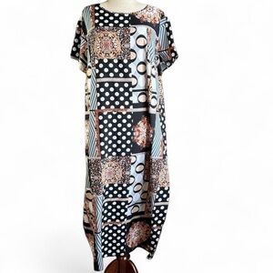 Boho Patchwork Resort Style Dress Mixed Print‎ Polka Dot & Geometric Dress